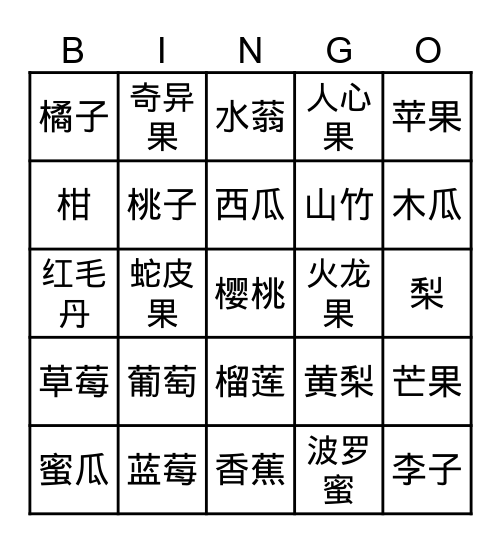 Fruit Bingo Card