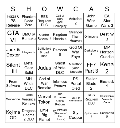 Playstation Showcase Bingo Card