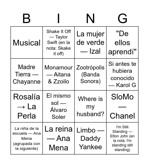 BINGO MUSICAL Bingo Card