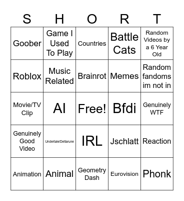 My Shorts Feed Binger Bingo Card