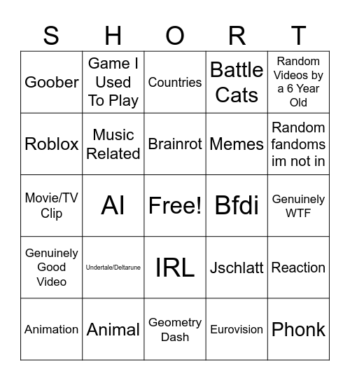 My Shorts Feed Binger Bingo Card