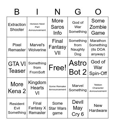 State of Play Bingo Card
