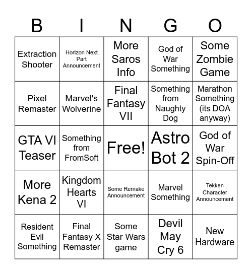 State of Play Bingo Card