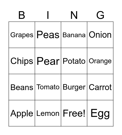 Food Bingo Card