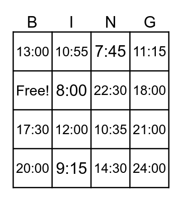 WHAT TIME IS IT? Bingo Card