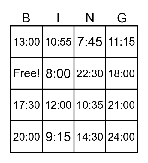 WHAT TIME IS IT? Bingo Card