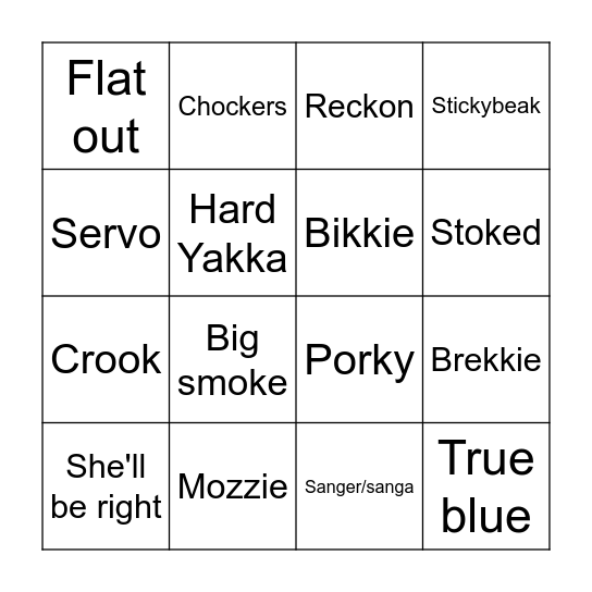 Aussie Slang Bingo Card