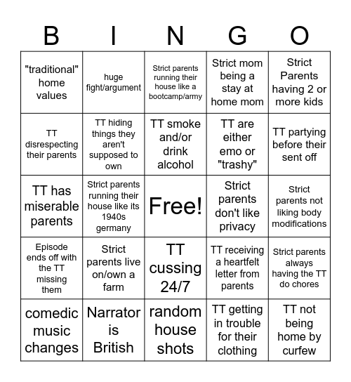 Worlds Strictest Parents Bingo Card