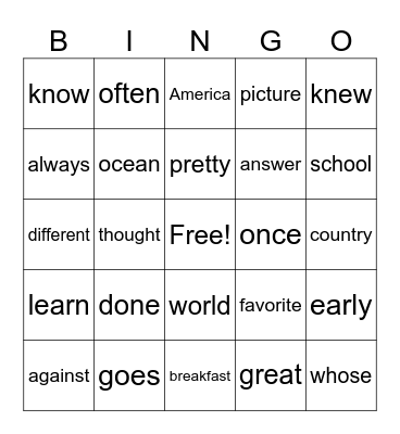 Third Grade Trick Words Bingo Card