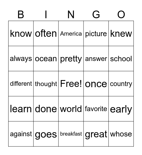 Third Grade Trick Words Bingo Card