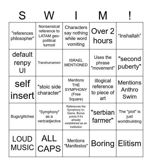 THE SYMPHONIC SWIMMING Bingo Card