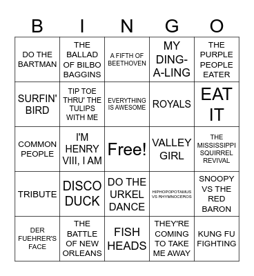 Whoops!  All novelty songs Bingo Card
