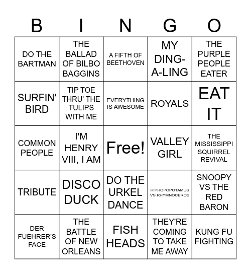 Whoops!  All novelty songs Bingo Card