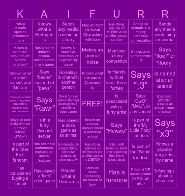 Kaisel Furry Bingo | Pride Month 2026 Bingo Card