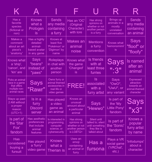 Kaisel Furry Bingo | Pride Month 2026 Bingo Card