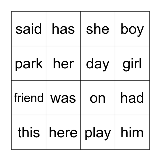 Snap Word Bingo Card