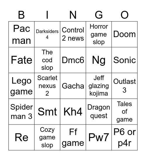 Summer game fest Bingo Card