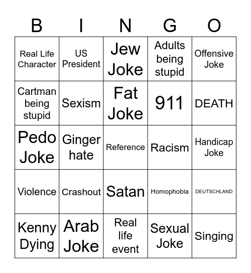 South Park Bingo Card