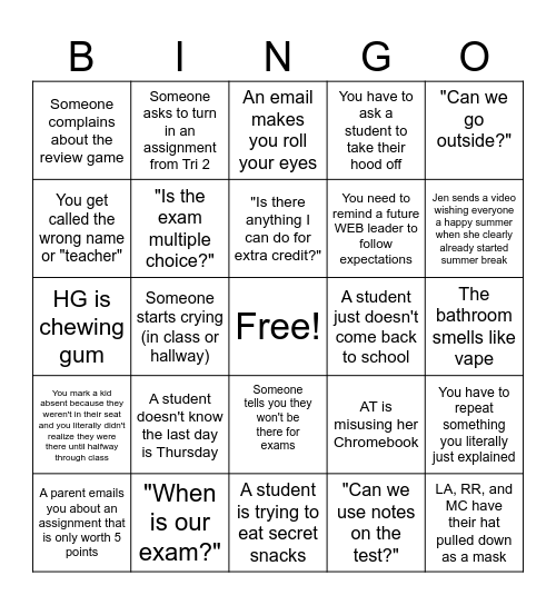 Teacher Bingo Card