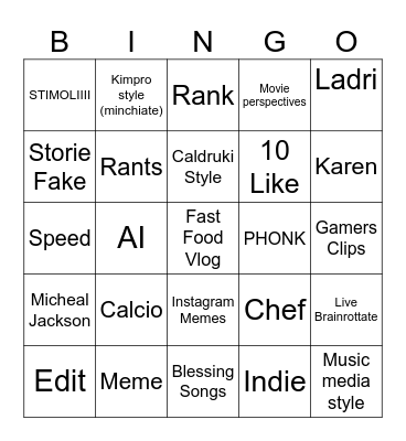 Shorts Bingo Card