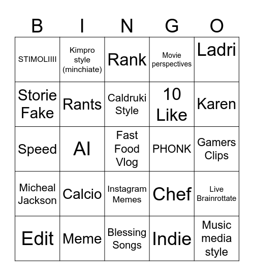 Shorts Bingo Card