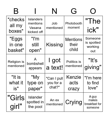 Love Island Bingo Card