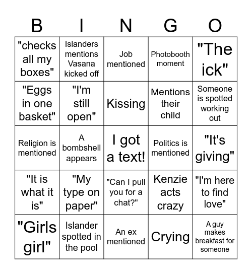 Love Island Bingo Card
