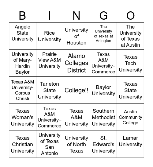 TEXAS College Bingo Card