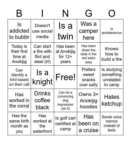 Senior Staff Bingo Card