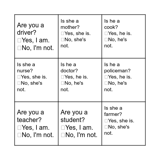 Sentence Bingo Card
