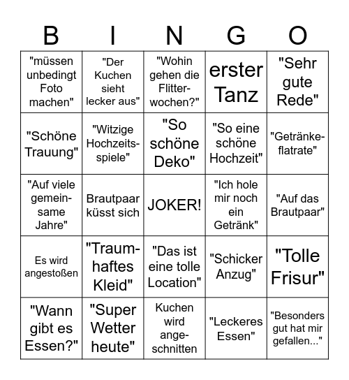 Hochzeits Bingo Card