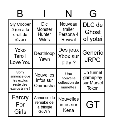 Sony State of Play Bingo Card