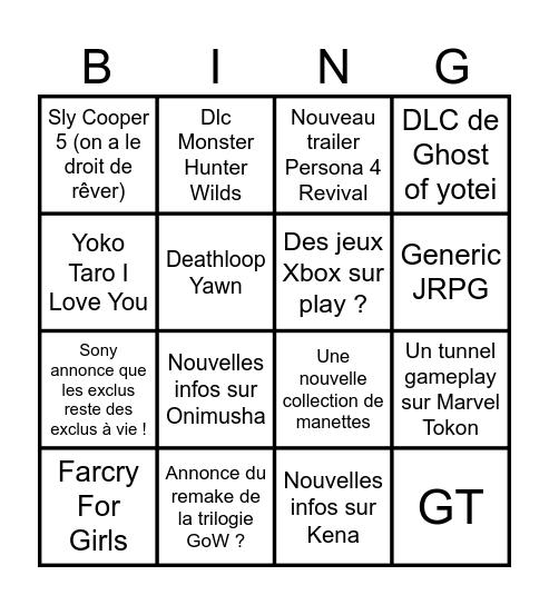 Sony State of Play Bingo Card