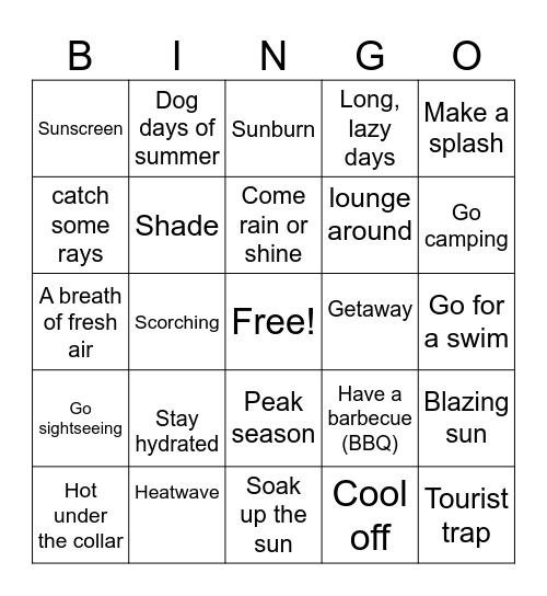 SUMMER VOCABULARY AND EXPRESSIONS Bingo Card