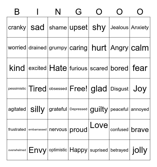 Emotions Bingo Card
