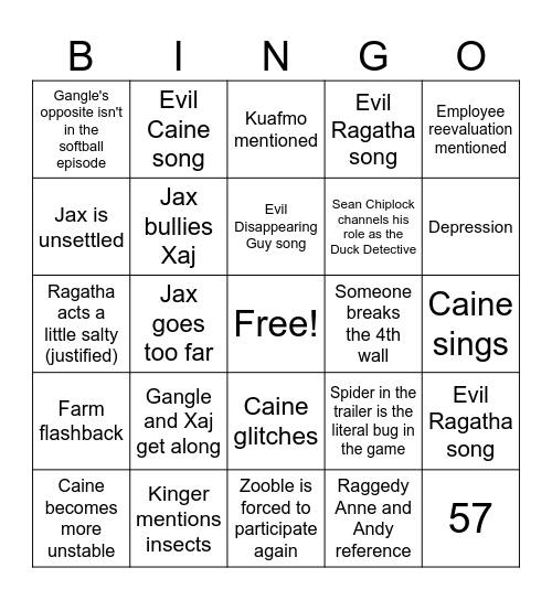 Amazing Digital Circus Episode 5 Bingo Card