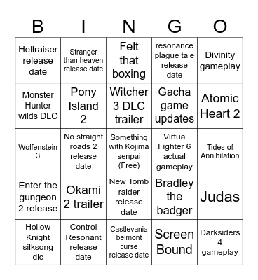 Andy Summer Game Fest Predictions 6/5/26 Bingo Card