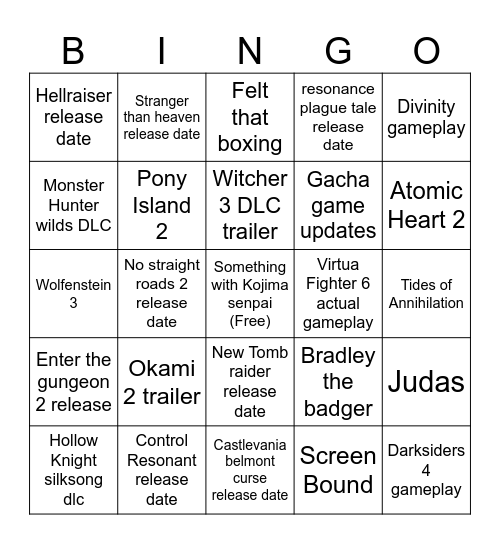 Andy Summer Game Fest Predictions 6/5/26 Bingo Card
