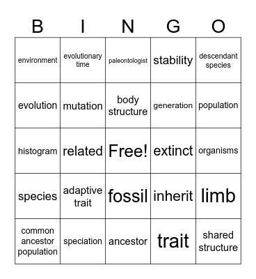 Evolution Vocabulary Bingo Card