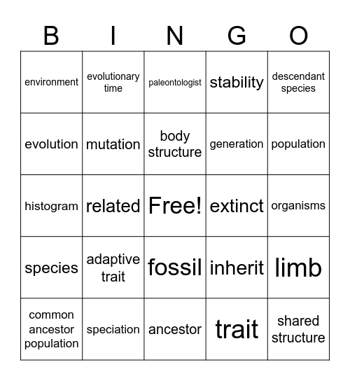 Evolution Vocabulary Bingo Card