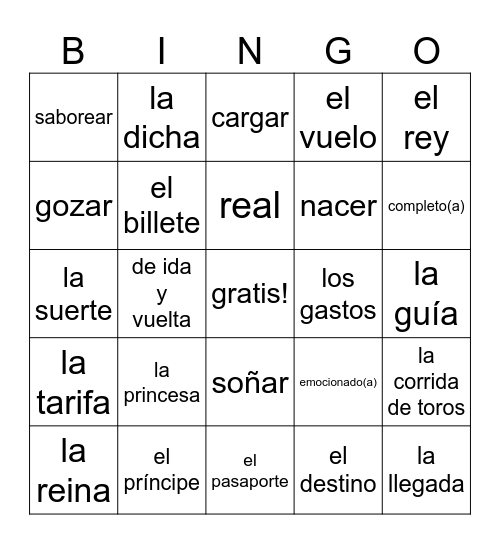 Esp. 2 Unidad 8 Lec. A vocab Bingo Card