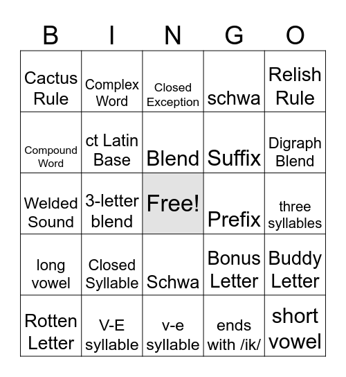 SPELLING BINGO Card