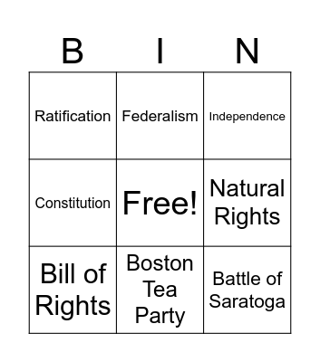 American Revolution Bingo Card
