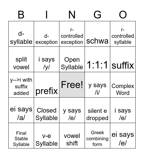 Spelling Bingo Card