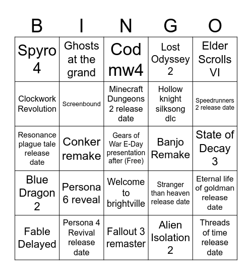 Andy Xbox Showcase Predictions 6/7/26 Bingo Card