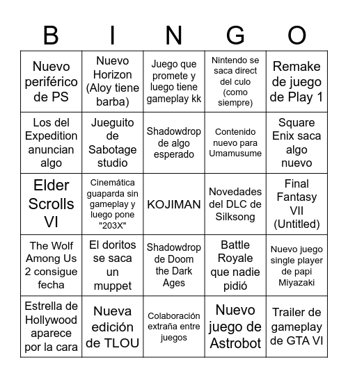No E3 Bingo Card