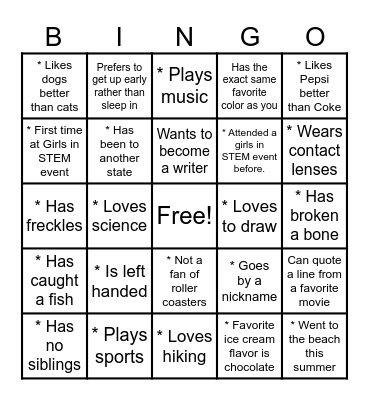 Girls in STEM Get to Know You BINGO Card