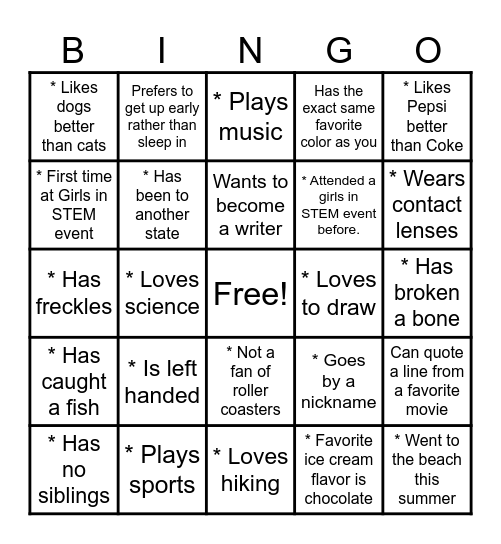 Girls in STEM Get to Know You BINGO Card