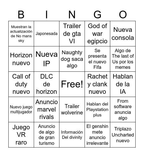 Binguito state of play Bingo Card