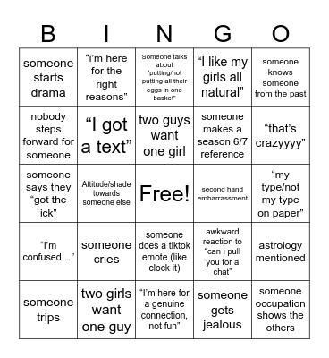 Love Island Bingo Card
